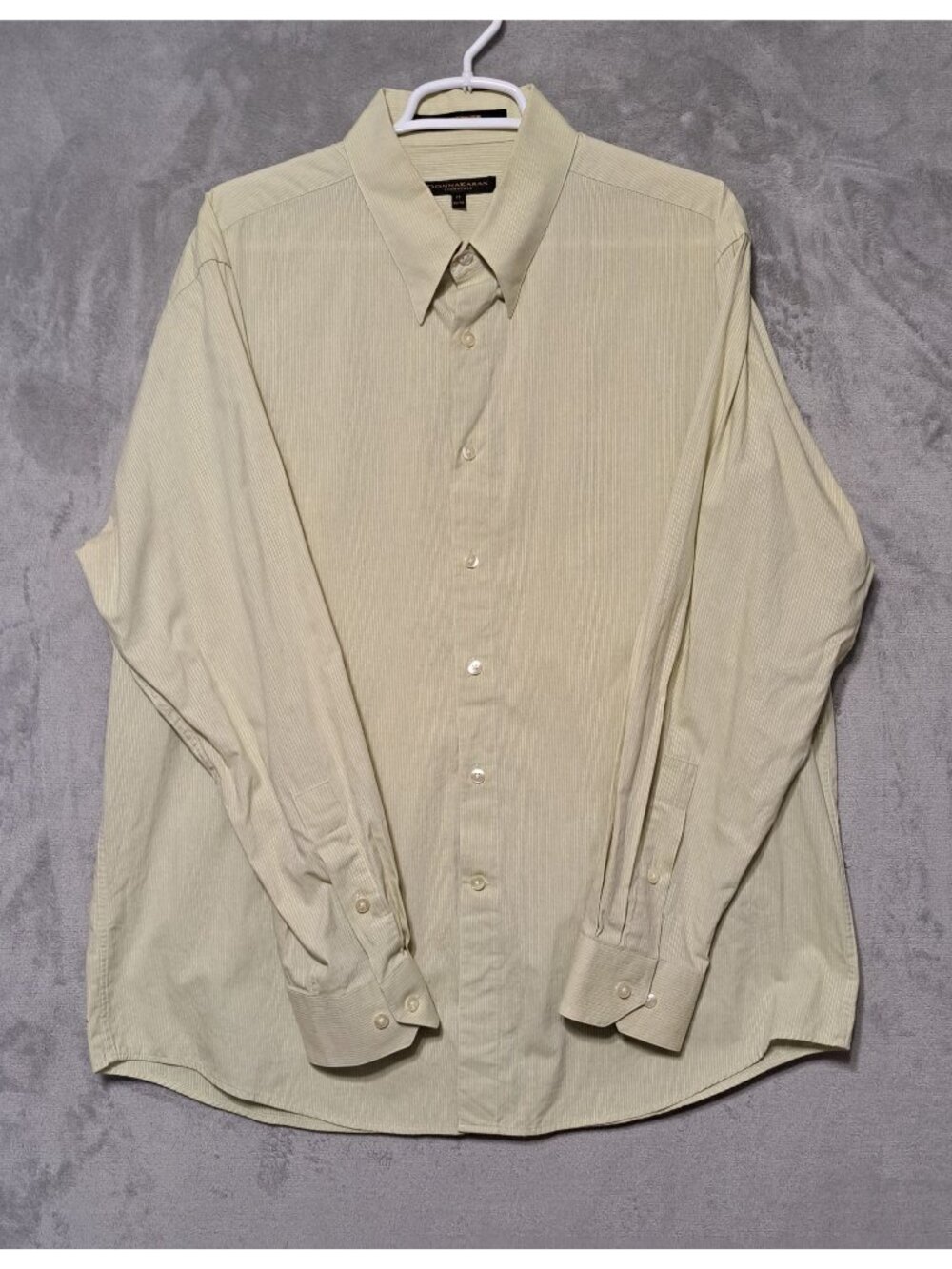 Donna Karan Mens Dress Shirt 34/35 Beige Stripe  Long Sleeve Button Up Casual